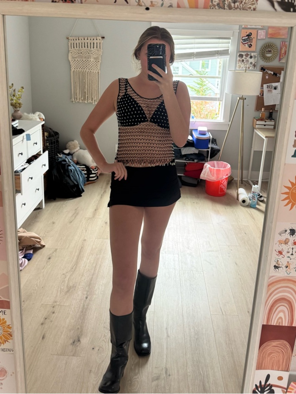 Black Crochet Mesh Tank Top — Sheer Polka Dot Overlay